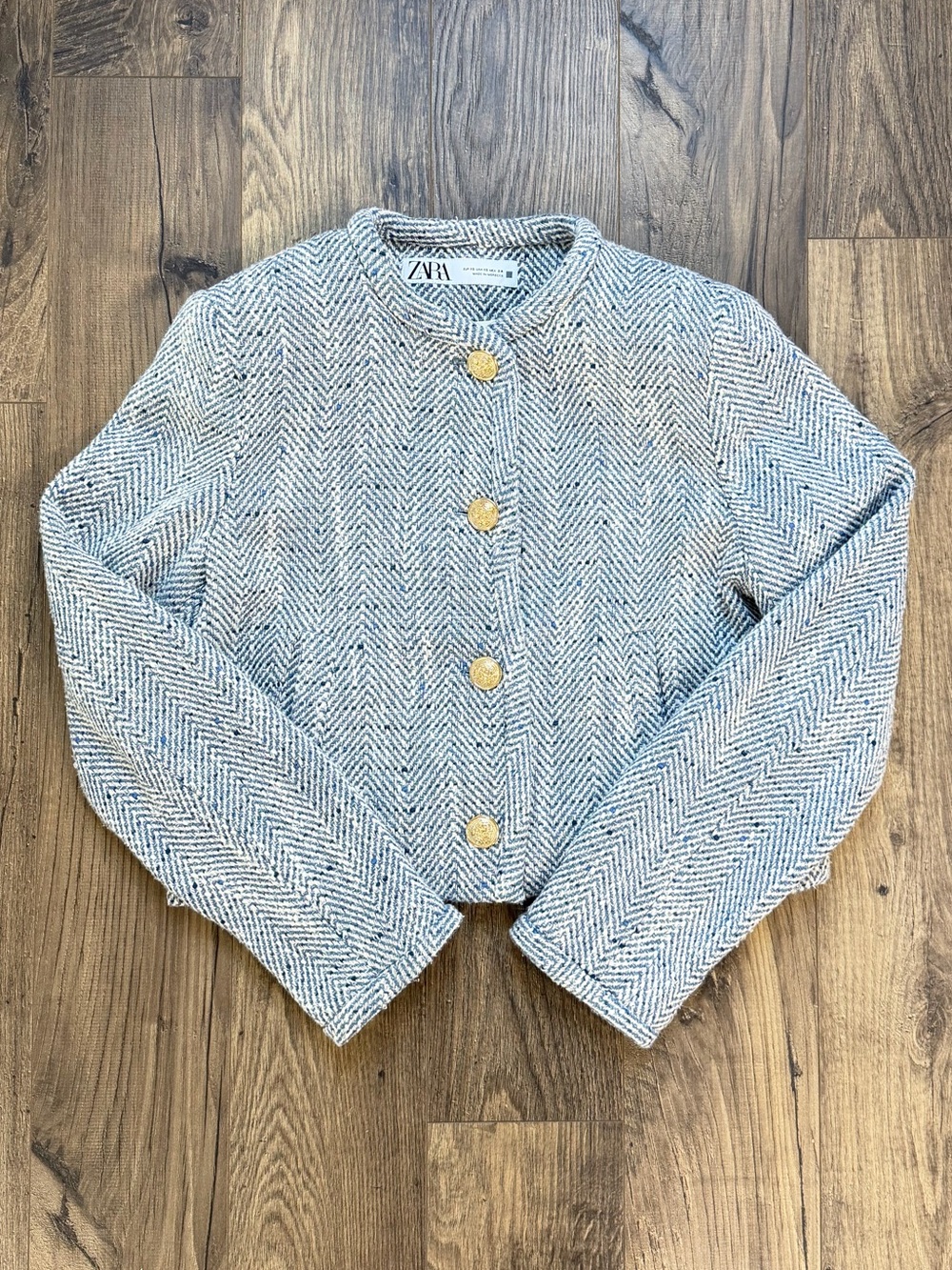 ZARA Blue White Chevron Knit Jacket Gold Buttons XS